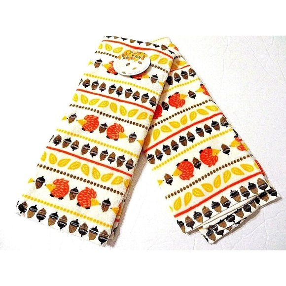 Swirling Leaf Hedgehog Acorn 2 Kitchen Towels Soft Autumn Leaves Fall Print NWT - Picture 1 of 2